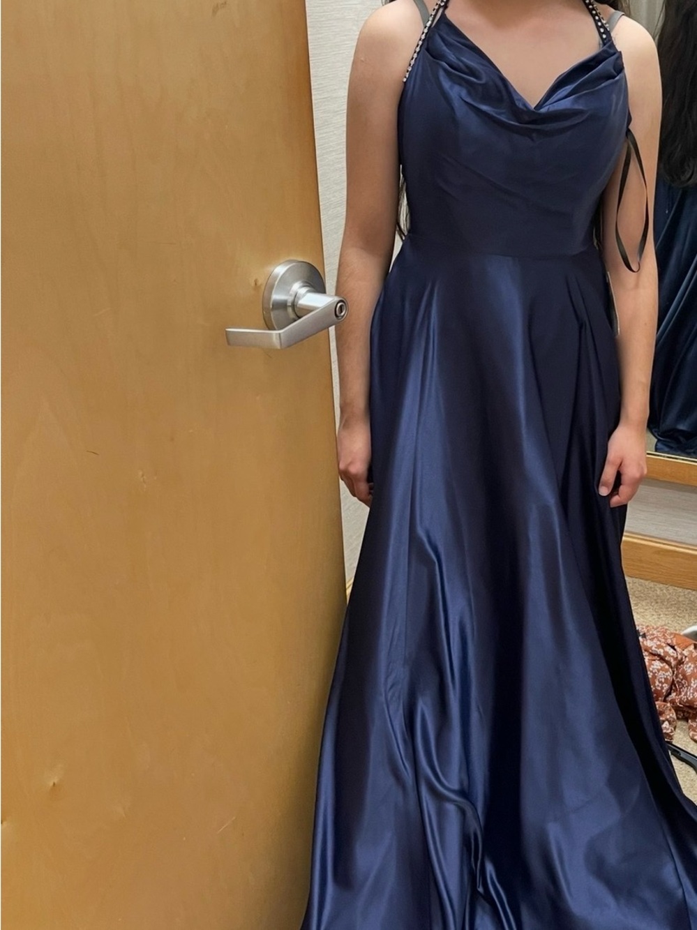B Darlin Navy Satin Cowl Neck Prom Dress